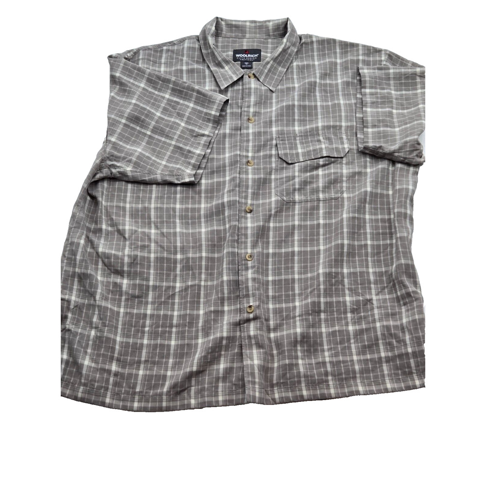 Woolrich Gray Plaid Short Sleeve Button-Down Shirt with White Stripes